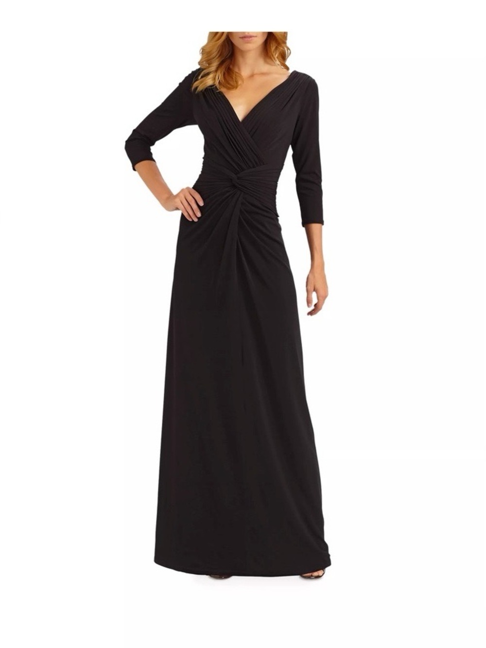 Tadashi Shoji Elegant Black 3/4 Sleeve V-Neck Evening Gown